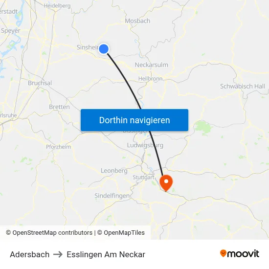 Adersbach to Esslingen Am Neckar map