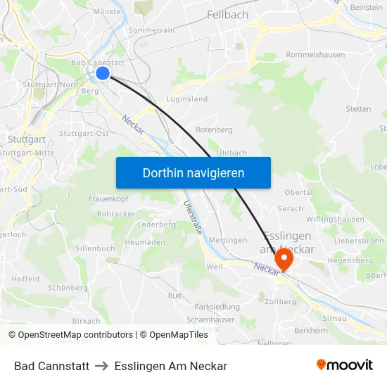 Bad Cannstatt to Esslingen Am Neckar map