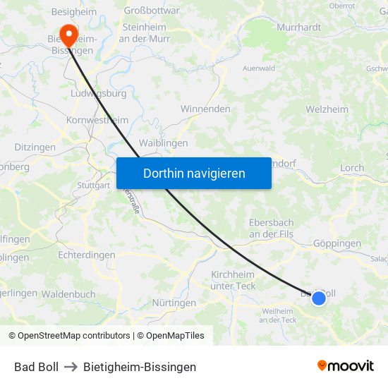 Bad Boll to Bietigheim-Bissingen map