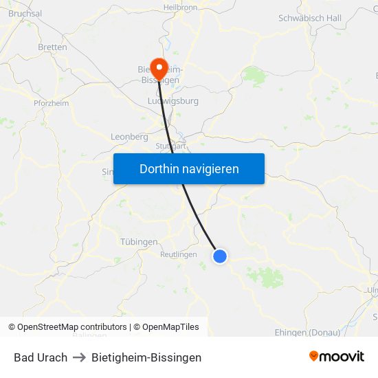 Bad Urach to Bietigheim-Bissingen map