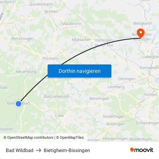 Bad Wildbad to Bietigheim-Bissingen map