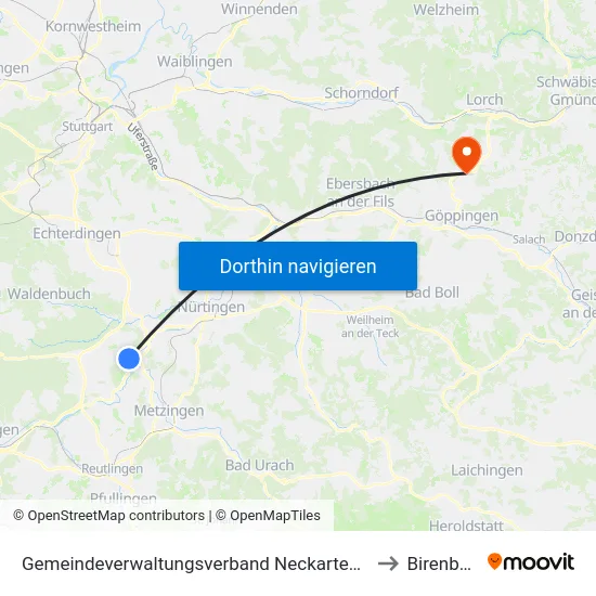 Gemeindeverwaltungsverband Neckartenzlingen to Birenbach map