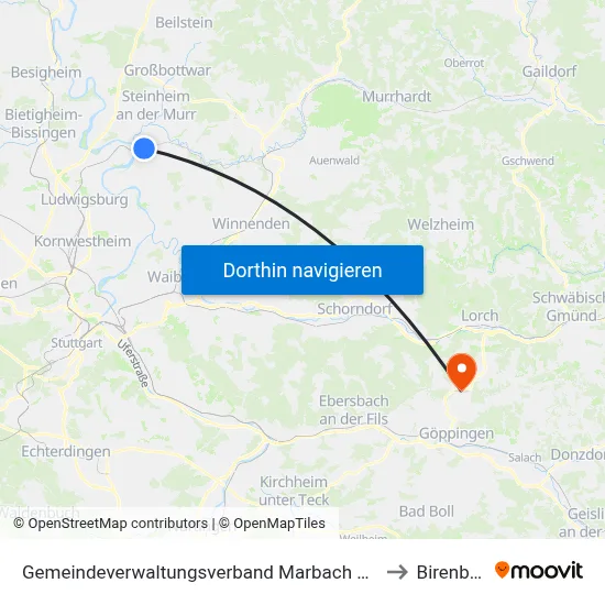 Gemeindeverwaltungsverband Marbach am Neckar to Birenbach map