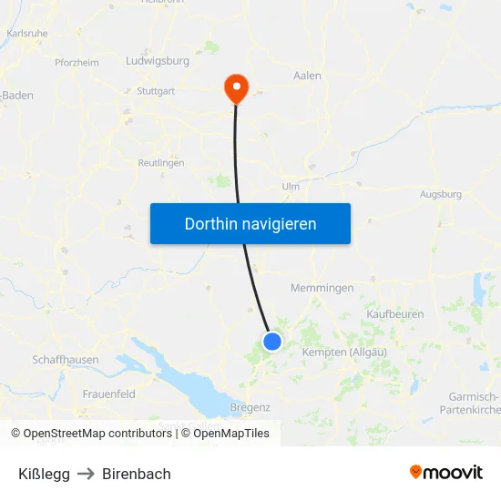 Kißlegg to Birenbach map