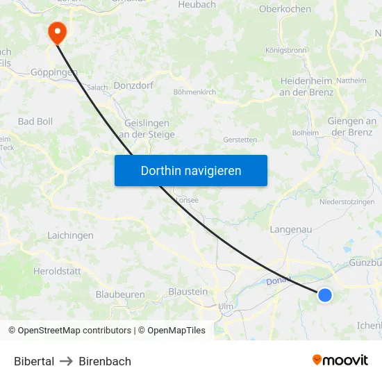 Bibertal to Birenbach map