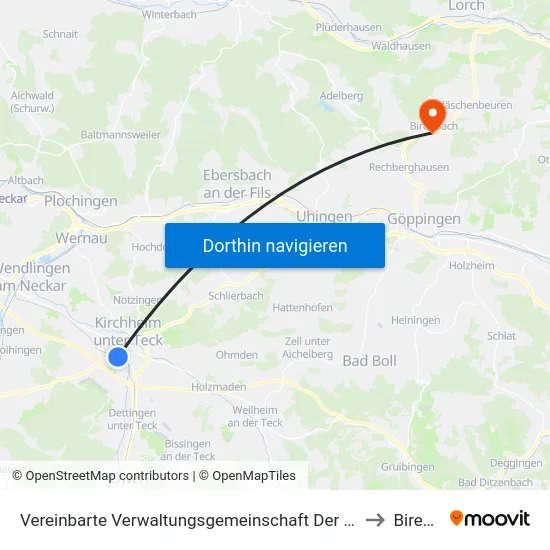 Vereinbarte Verwaltungsgemeinschaft Der Stadt Kirchheim Unter Teck to Birenbach map