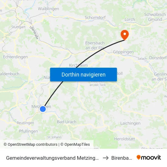 Gemeindeverwaltungsverband Metzingen to Birenbach map