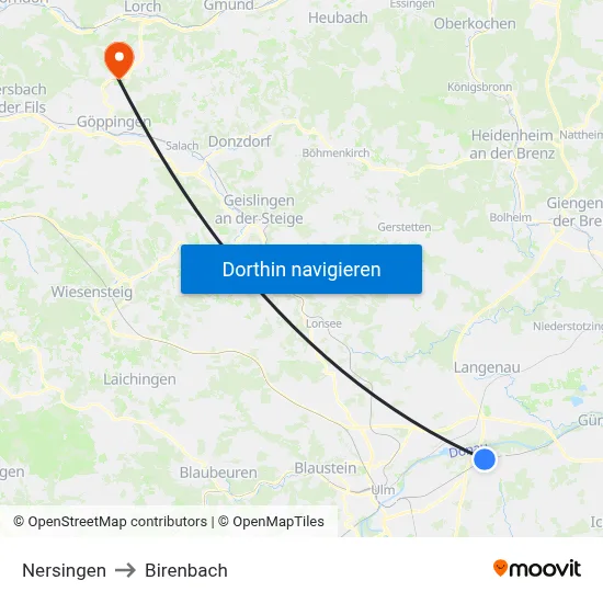 Nersingen to Birenbach map