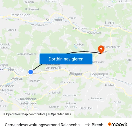 Gemeindeverwaltungsverband Reichenbach An Der Fils to Birenbach map