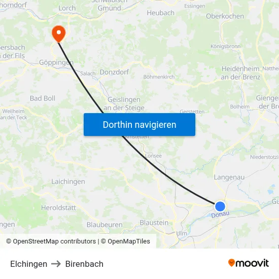 Elchingen to Birenbach map