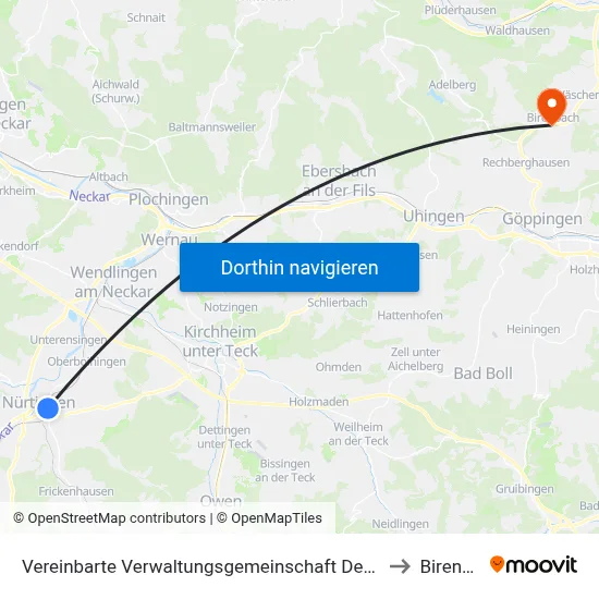 Vereinbarte Verwaltungsgemeinschaft Der Stadt Nürtingen to Birenbach map