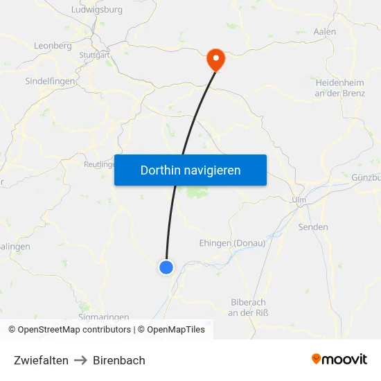 Zwiefalten to Birenbach map