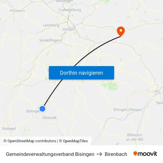 Gemeindeverwaltungsverband Bisingen to Birenbach map