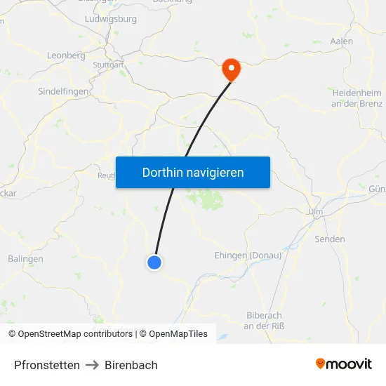 Pfronstetten to Birenbach map