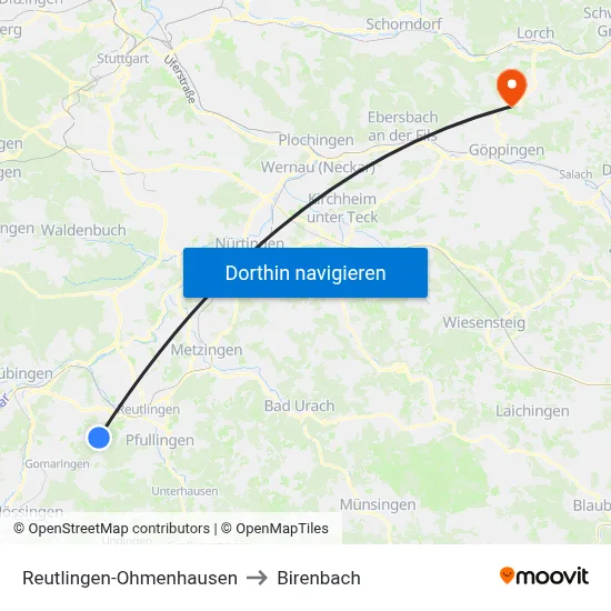 Reutlingen-Ohmenhausen to Birenbach map