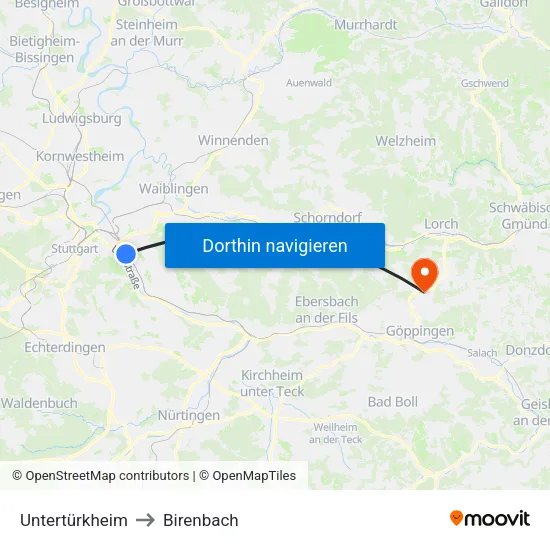 Untertürkheim to Birenbach map