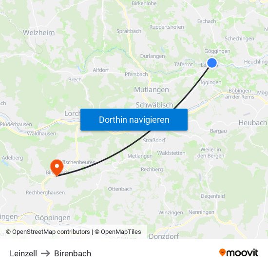 Leinzell to Birenbach map