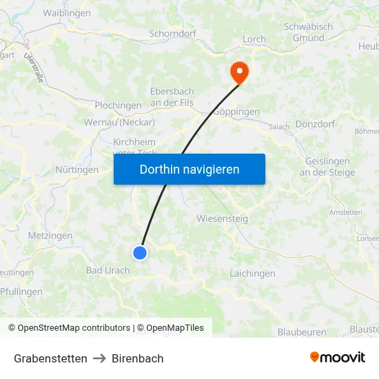 Grabenstetten to Birenbach map