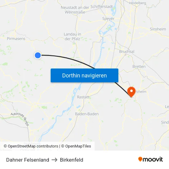 Dahner Felsenland to Birkenfeld map