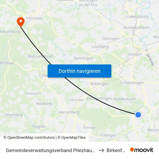 Gemeindeverwaltungsverband Pliezhausen to Birkenfeld map