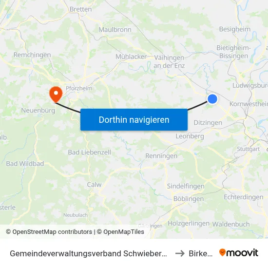 Gemeindeverwaltungsverband Schwieberdingen-Hemmingen to Birkenfeld map