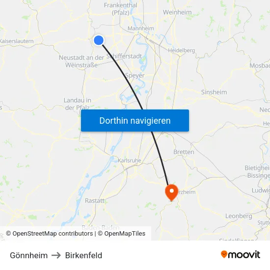 Gönnheim to Birkenfeld map