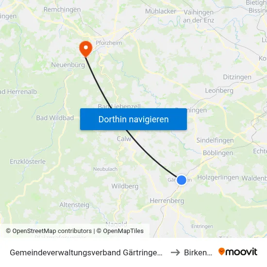Gemeindeverwaltungsverband Gärtringen/Ehningen to Birkenfeld map