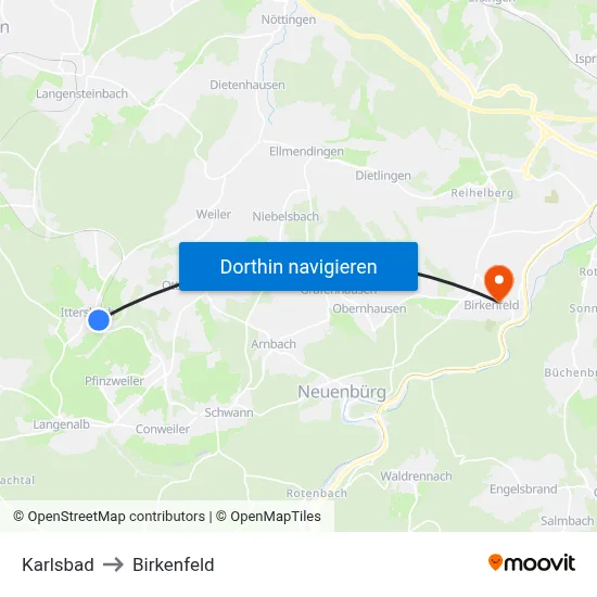 Karlsbad to Birkenfeld map
