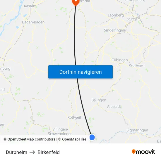 Dürbheim to Birkenfeld map
