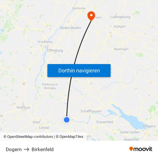 Dogern to Birkenfeld map