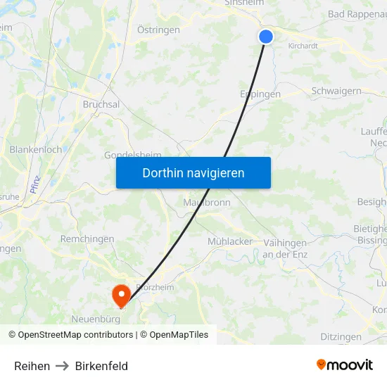 Reihen to Birkenfeld map