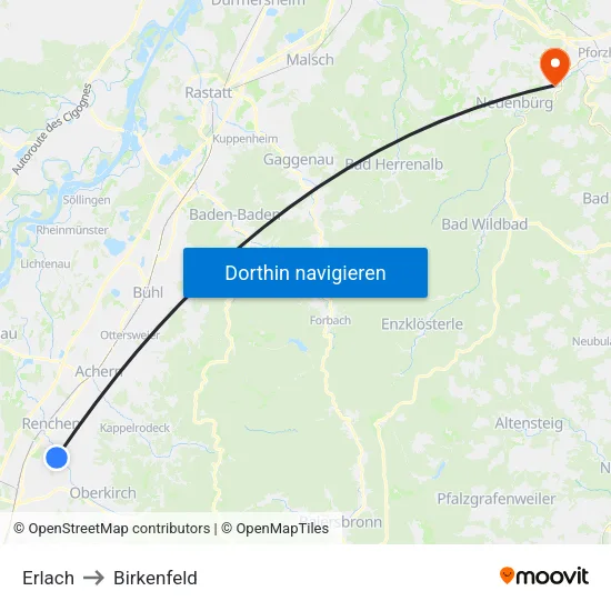 Erlach to Birkenfeld map