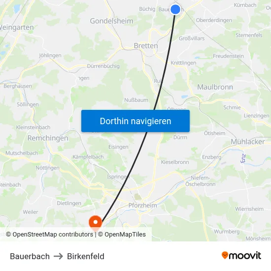Bauerbach to Birkenfeld map