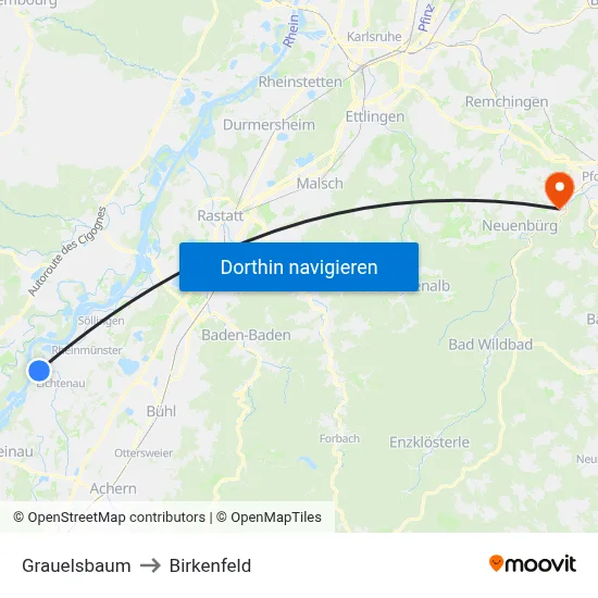 Grauelsbaum to Birkenfeld map