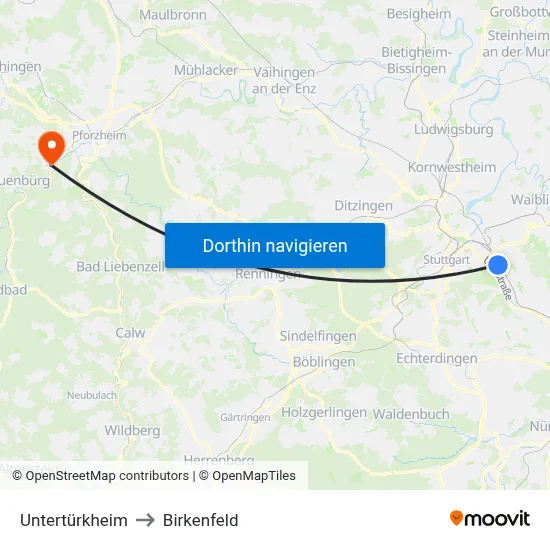 Untertürkheim to Birkenfeld map