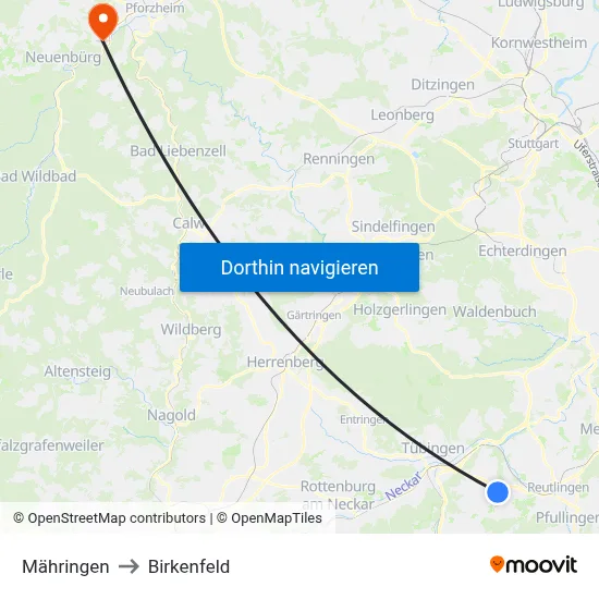 Mähringen to Birkenfeld map