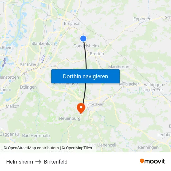 Helmsheim to Birkenfeld map