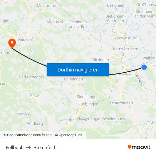 Fellbach to Birkenfeld map