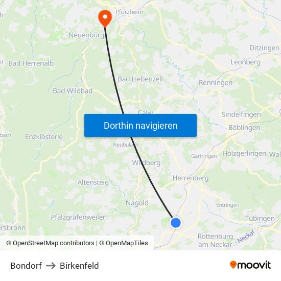 Bondorf to Birkenfeld map