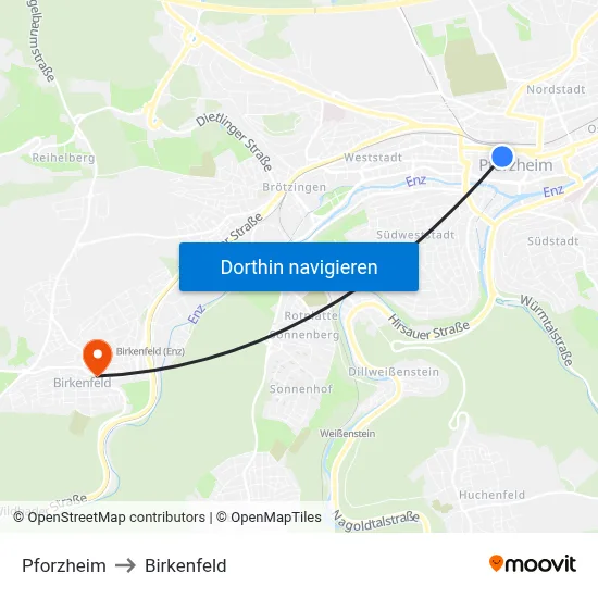 Pforzheim to Birkenfeld map