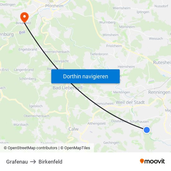 Grafenau to Birkenfeld map