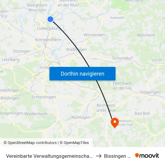 Vereinbarte Verwaltungsgemeinschaft Der Stadt Freiberg am Neckar to Bissingen An Der Teck map