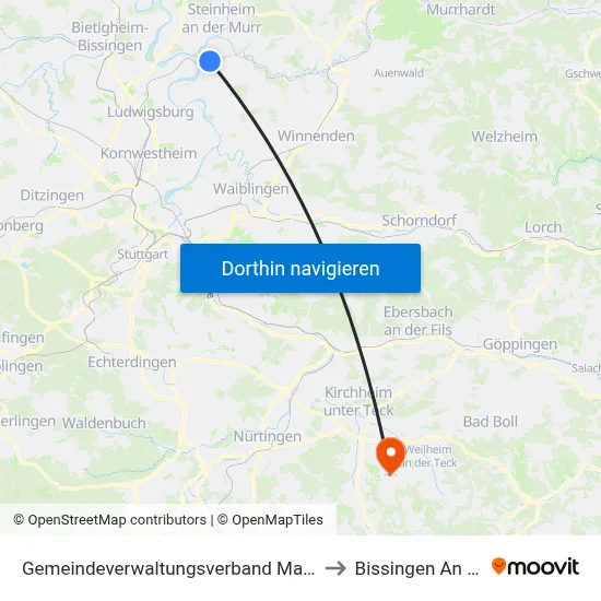 Gemeindeverwaltungsverband Marbach am Neckar to Bissingen An Der Teck map