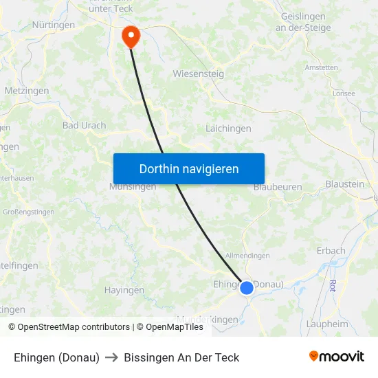 Ehingen (Donau) to Bissingen An Der Teck map