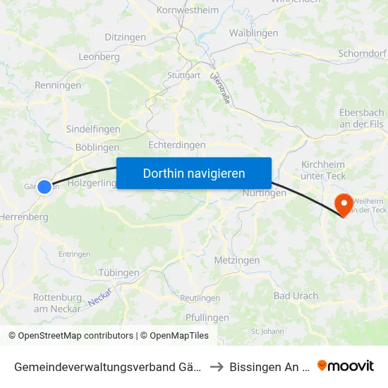 Gemeindeverwaltungsverband Gärtringen/Ehningen to Bissingen An Der Teck map