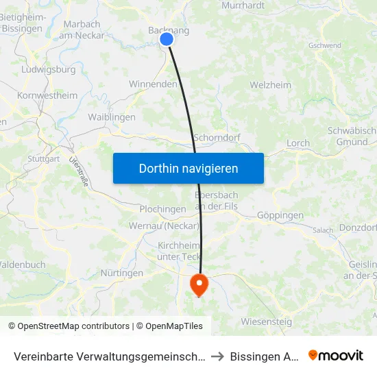 Vereinbarte Verwaltungsgemeinschaft Der Stadt Backnang to Bissingen An Der Teck map