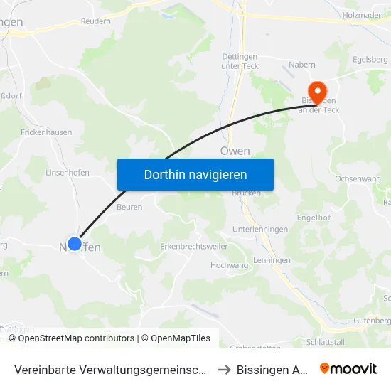 Vereinbarte Verwaltungsgemeinschaft Der Stadt Neuffen to Bissingen An Der Teck map