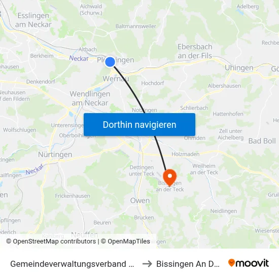 Gemeindeverwaltungsverband Plochingen to Bissingen An Der Teck map