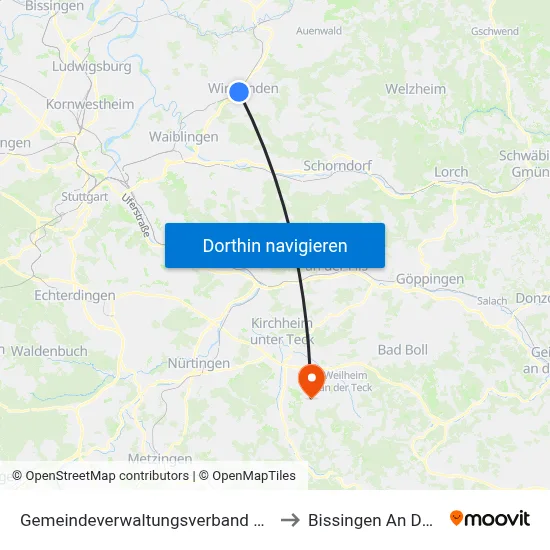Gemeindeverwaltungsverband Winnenden to Bissingen An Der Teck map