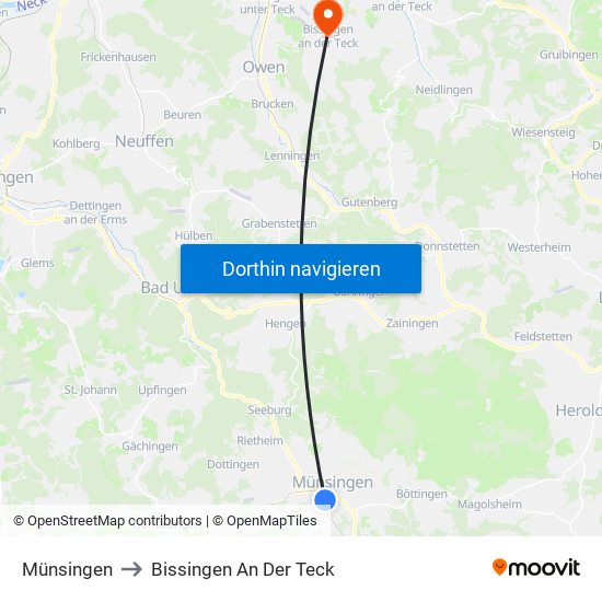 Münsingen to Bissingen An Der Teck map